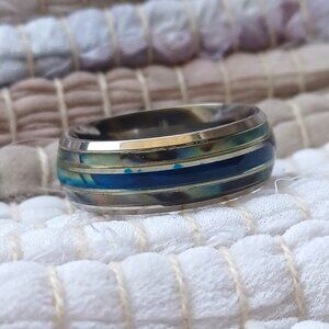 Sizes, 9, 10, and 11, Men's Stainless Steel Ring Blue Opal With Abalone Shell In